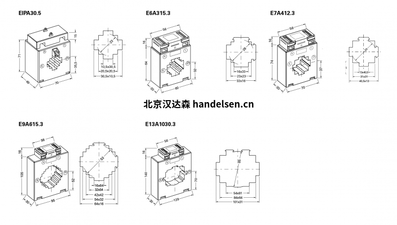 Janitza用于計費的塑殼電流互感器，等級0.5尺寸表
